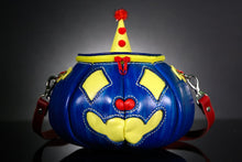 Load image into Gallery viewer, (Made To Order) Handmade Leather Pumpkin Bag-Clown Face-Blue, Red & Yellow