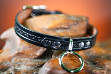 Load image into Gallery viewer, 3/4" Handmade leather BDSM collar with filigree embossing and nickel plated hardware. Color: Black. Angle