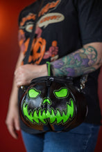 Load image into Gallery viewer, Handmade Leather Pumpkin Bag-Glow In The Dark Face-Black & Green
