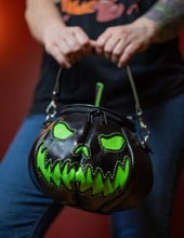 Load image into Gallery viewer, Handmade Leather Pumpkin Bag-Glow In The Dark Face-Black & Green