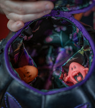 Load image into Gallery viewer, Handmade Leather Pumpkin Bag-Spooky Face-Black & Purple