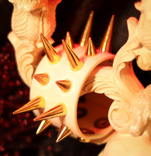 Load image into Gallery viewer, White leather cuff bracelet with brass spikes by Devilish Devices. Close up