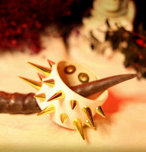 Load image into Gallery viewer, White leather cuff bracelet with brass spikes by Devilish Devices. Front
