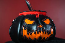 Load image into Gallery viewer, Handmade Leather Pumpkin Bag-Black & Orange w/ Red Stitch