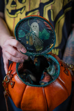 Load image into Gallery viewer, Handmade Leather Pumpkin Bag- Natural (No Face)-Orange & Green