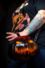 Load image into Gallery viewer, Handmade Leather Pumpkin Bag-Black & Orange w/ Red Stitch