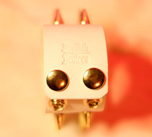 Load image into Gallery viewer, White leather cuff bracelet with brass spikes by Devilish Devices. Makers mark. Close up.