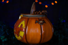 Load image into Gallery viewer, (Made-To-Order) Handmade Leather Pumpkin Bag-Classic Jack-O-Lantern- Weathered Orange & Yellow