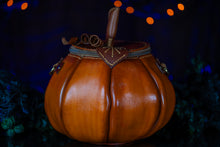 Load image into Gallery viewer, (Made-To-Order) Handmade Leather Pumpkin Bag-Classic Jack-O-Lantern- Weathered Orange & Yellow