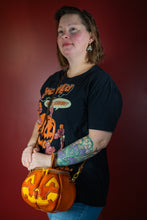 Load image into Gallery viewer, (Made-To-Order) Handmade Leather Pumpkin Bag-Classic Jack-O-Lantern- Weathered Orange & Yellow