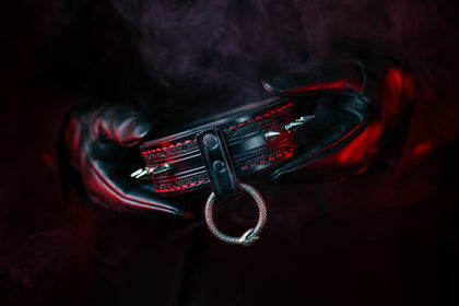 Close-up of a leather collar with a ring on a dark background