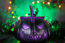 Load image into Gallery viewer, Spooky face Black &amp; Purple Handmade Leather Pumpkin Bag
