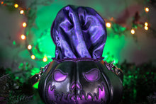 Load image into Gallery viewer, Spooky face Black &amp; Purple Handmade Leather Pumpkin Bag
