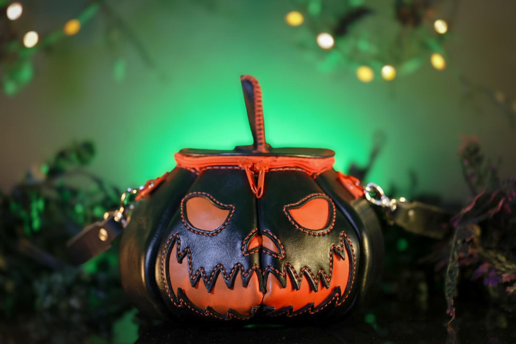 Spooky face Black and Orange Handmade Leather Pumpkin Bag