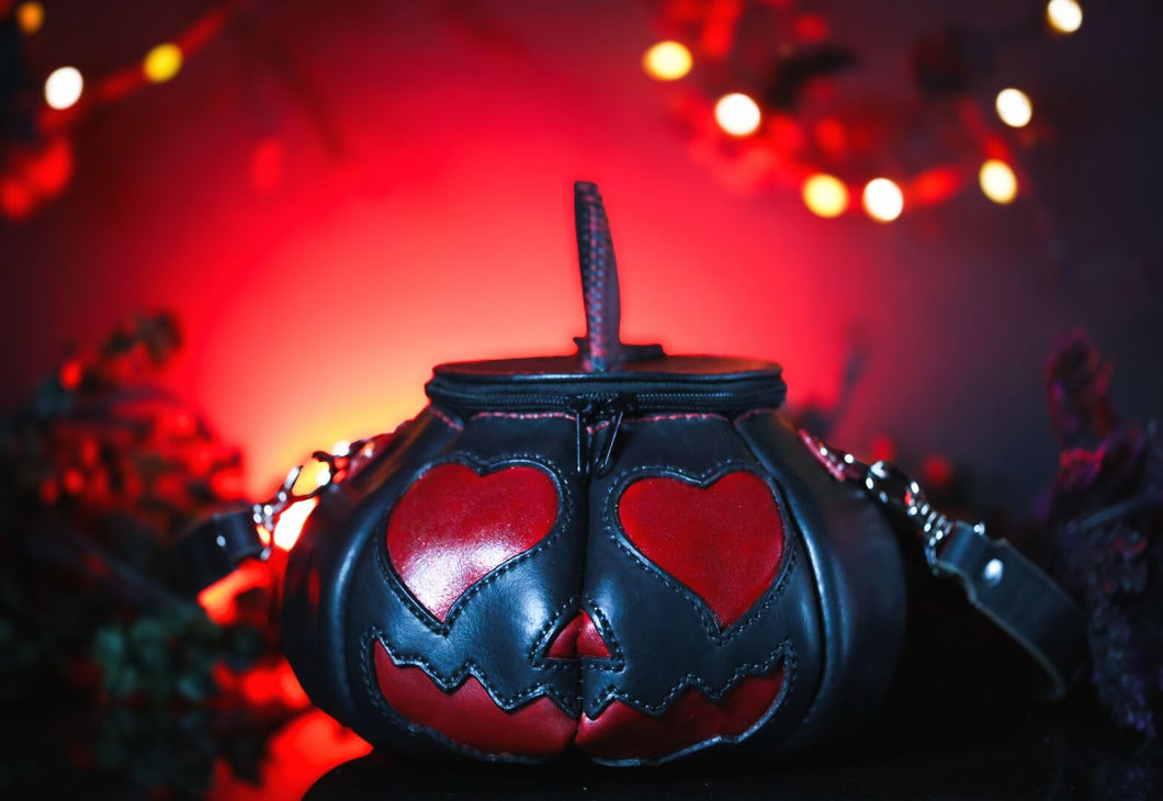 Heart Eyes Black and Scarlett Glitter Handmade Leather Pumpkin Bag