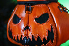 Load image into Gallery viewer, Handmade Leather Pumpkin Bag-Spooky Face-Natural Orange &amp; Black
