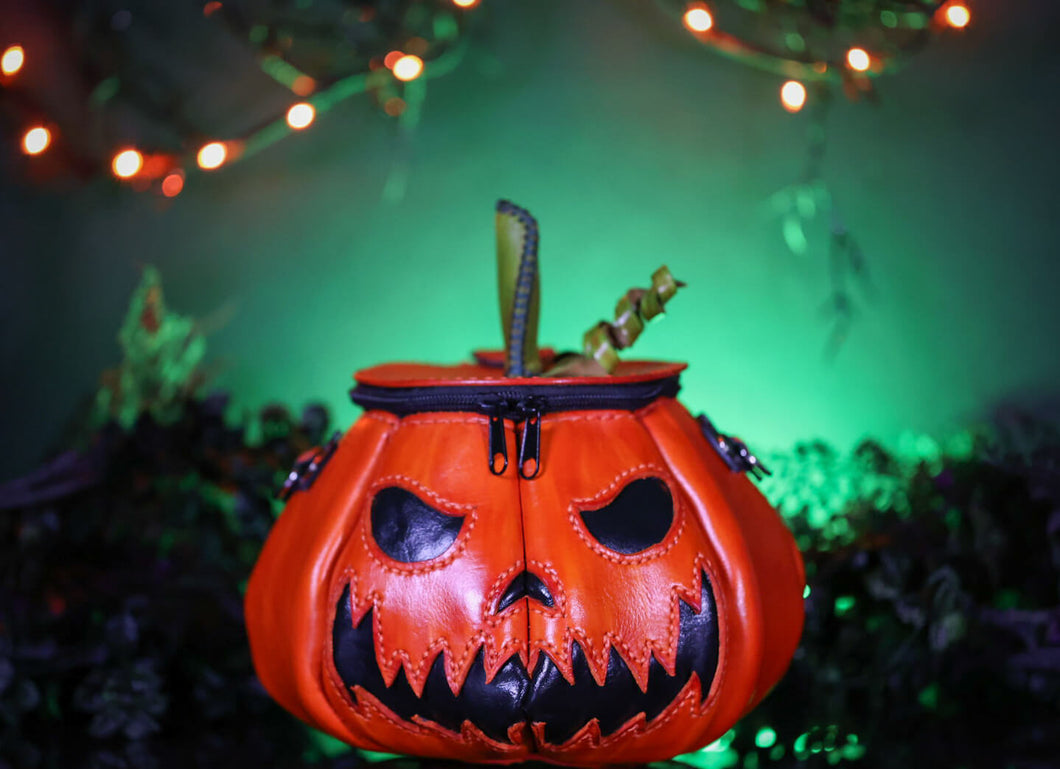 Handmade Leather Pumpkin Bag-Spooky Face-Natural Orange & Black