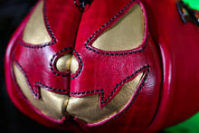 Load image into Gallery viewer, Handmade Leather Pumpkin Bag-Evil Face-Oxblood &amp; Gold
