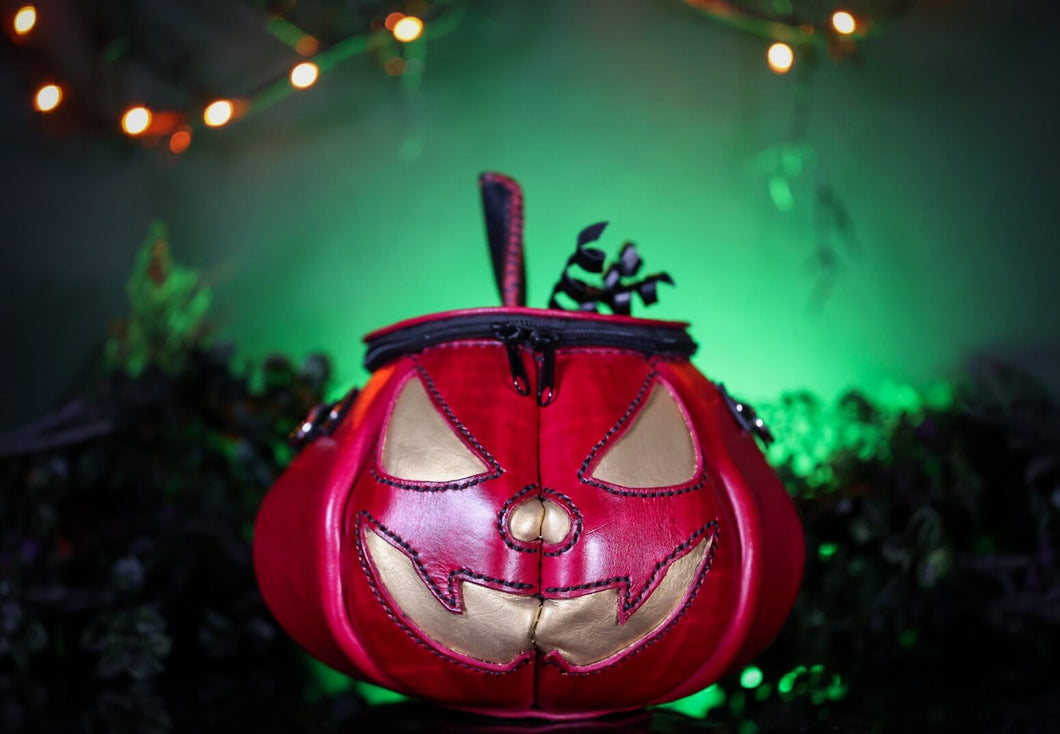 Handmade Leather Pumpkin Bag-Evil Face-Oxblood & Gold