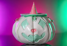 Load image into Gallery viewer, Handmade Leather Pumpkin Bag-Clown Face-Pink &amp; Mint
