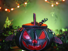Load image into Gallery viewer, Handmade Leather Pumpkin Bag-Vampire Bat-Black &amp; Scarlet Red
