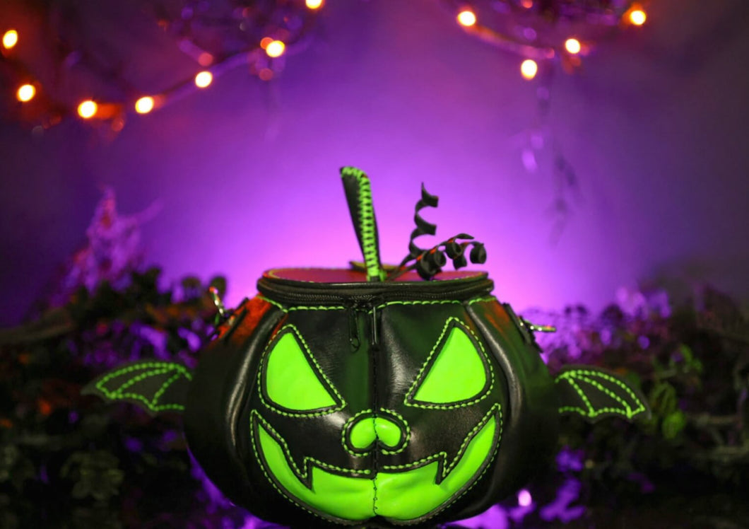 Handmade Leather Pumpkin Bag-Vampire Bat-Black & Neon Green