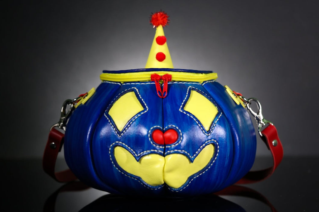 (Made To Order) Handmade Leather Pumpkin Bag-Clown Face-Blue, Red & Yellow
