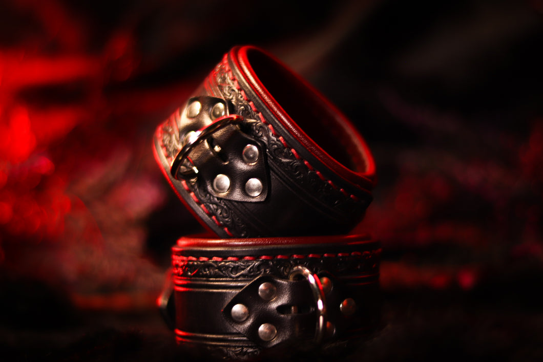 Leather BDSM Wrist Cuffs-Filigree Embossing & Burgundy Lining