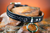 3/4" Handmade leather BDSM collar with filigree embossing and nickel plated hardware. Color: Black. Angle