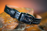 3/4" Handmade leather BDSM collar with filigree embossing and nickel plated hardware. Color: Black. Rear buckle