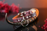 3/4" Handmade leather BDSM collar with filigree embossing and nickel plated hardware. Color: Cordovan. Front