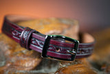 3/4" Handmade leather BDSM collar with filigree embossing and nickel plated hardware. Color: Cordovan. Rear buckle