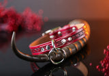 3/4" Handmade leather BDSM collar with filigree embossing and nickel plated hardware. Color: Oxblood. Front