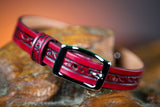 3/4" Handmade leather BDSM collar with filigree embossing and nickel plated hardware. Color: Oxblood. Rear buckle