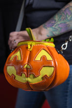 Load image into Gallery viewer, (Made To Order) Handmade Leather Pumpkin Bag-Classic Jack-O-Lantern-Orange&amp; Yellow
