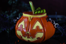 Load image into Gallery viewer, (Made To Order) Handmade Leather Pumpkin Bag-Classic Jack-O-Lantern-Orange&amp; Yellow
