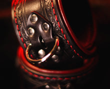 Load image into Gallery viewer, Leather BDSM Wrist Cuffs-Filigree Embossing &amp; Burgundy Lining
