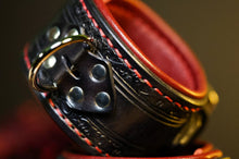 Load image into Gallery viewer, Leather BDSM Wrist Cuffs-Filigree Embossing &amp; Burgundy Lining
