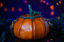 Load image into Gallery viewer, Handmade Leather Pumpkin Bag- Natural (No Face)-Orange &amp; Green
