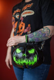 Leather Pumpkin Bag: Glow In The Dark Spooky Face-Black & Green