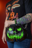 Leather Pumpkin Bag: Glow In The Dark Spooky Face-Black & Green