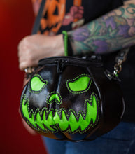 Load image into Gallery viewer, Handmade Leather Pumpkin Bag-Glow In The Dark Face-Black &amp; Green
