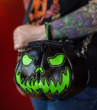 Leather Pumpkin Bag: Glow In The Dark Spooky Face-Black & Green