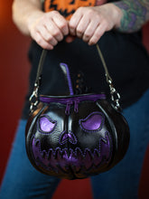 Load image into Gallery viewer, Handmade Leather Pumpkin Bag-Spooky Face-Black &amp; Purple
