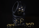 Leather BDSM Wrist Cuff Set: Black With Brass Hardware - READY TO SHIP