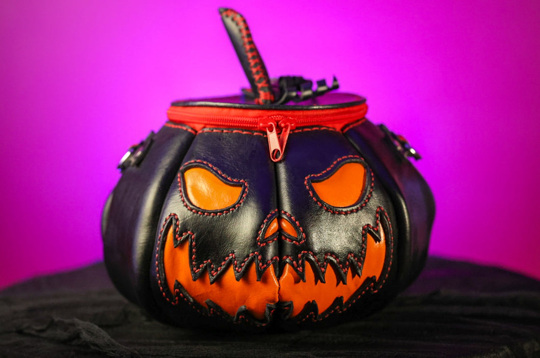 Handmade Leather Pumpkin Bag-Black & Orange w/ Red Stitch