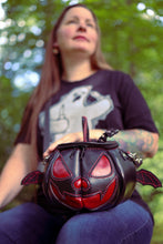 Load image into Gallery viewer, (Made To Order) Handmade Leather Pumpkin Bag-Vampire Bat-Black &amp; Scarlet Red
