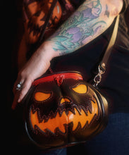 Load image into Gallery viewer, Handmade Leather Pumpkin Bag-Black &amp; Orange w/ Red Stitch
