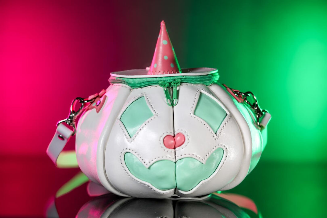 Handmade Leather Pumpkin Bag-Clown Face-Pink & Mint