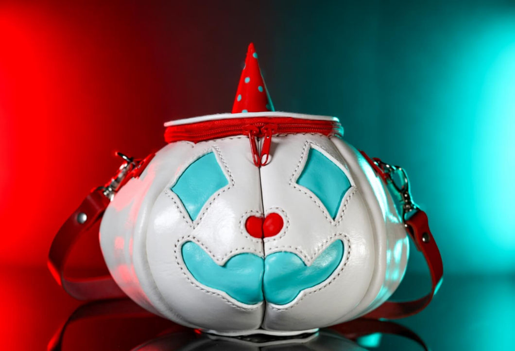 (Made To Order) Handmade Leather Pumpkin Bag-Clown Face-Red & Blue